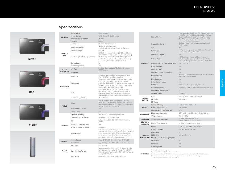 Specifications, Dsc-tx200v t-series, Silver violet red | Sony DSC-HX200V User Manual | Page 53 / 73
