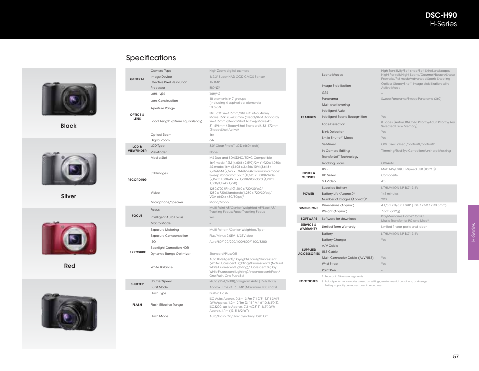Specifications, Dsc-h90 h-series, Red silver black | Sony DSC-HX200V User Manual | Page 57 / 73