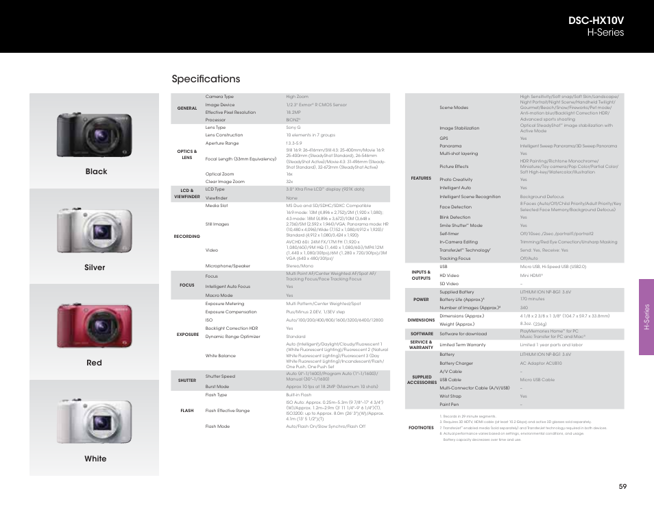 Specifications, Dsc-hx10v h-series, Black red silver white | Sony DSC-HX200V User Manual | Page 59 / 73