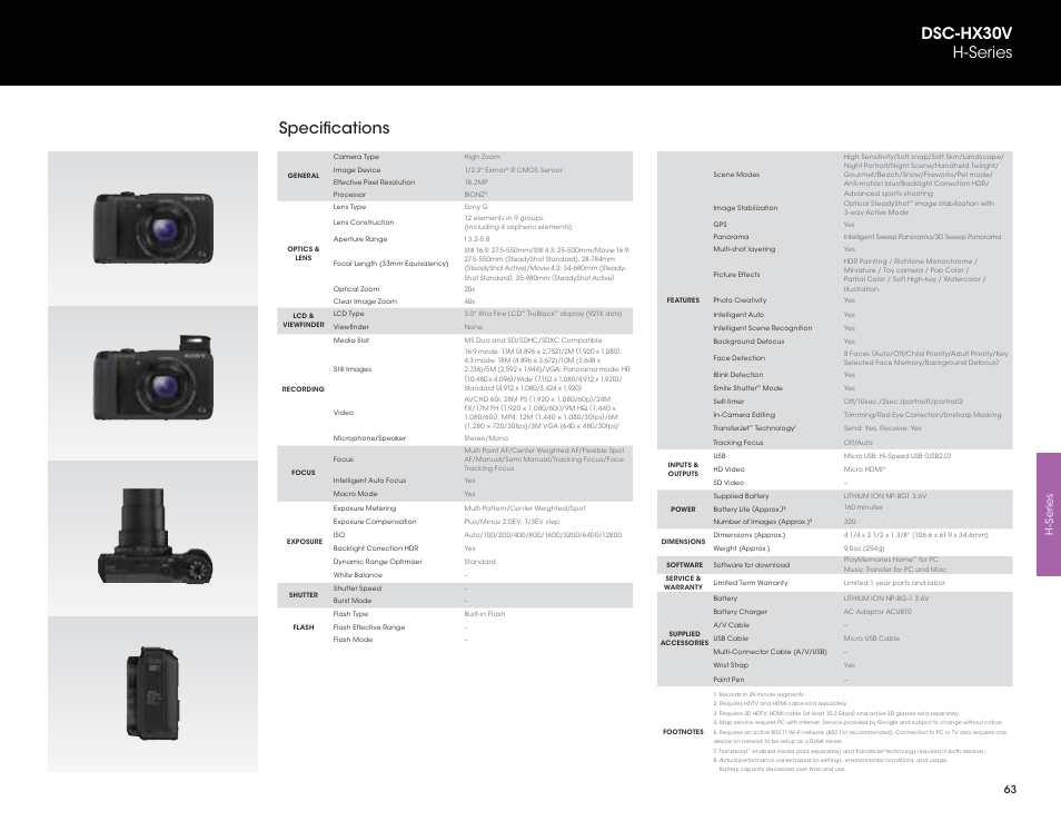 Specifications, Dsc-hx30v h-series | Sony DSC-HX200V User Manual | Page 63 / 73