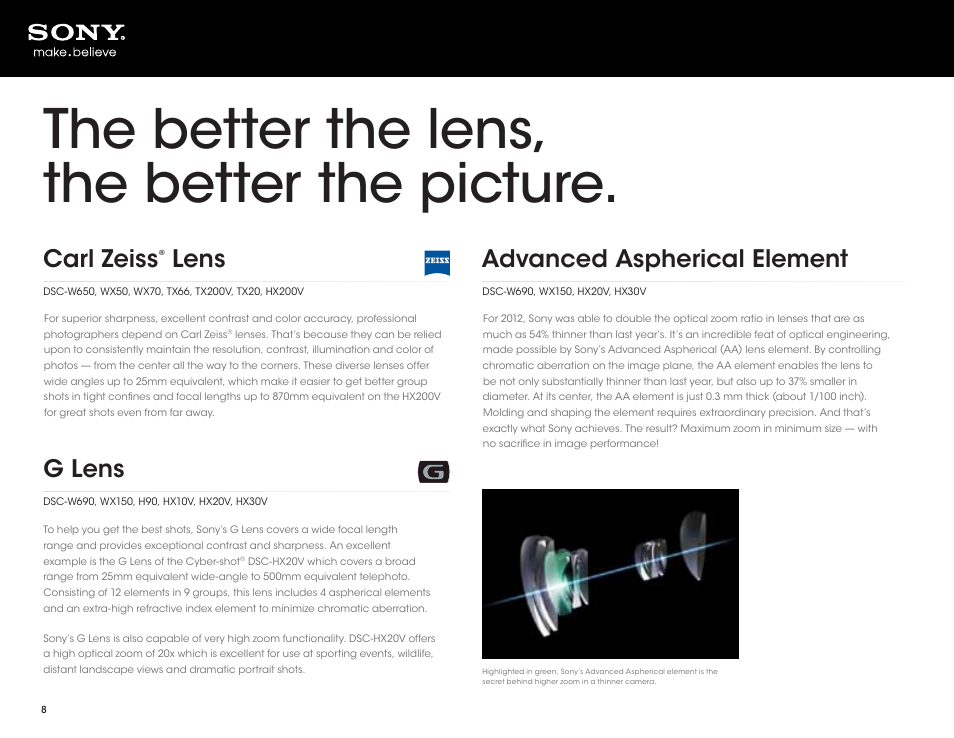 The better the lens, the better the picture, Carl zeiss, Lens | G lens, Advanced aspherical element | Sony DSC-HX200V User Manual | Page 8 / 73