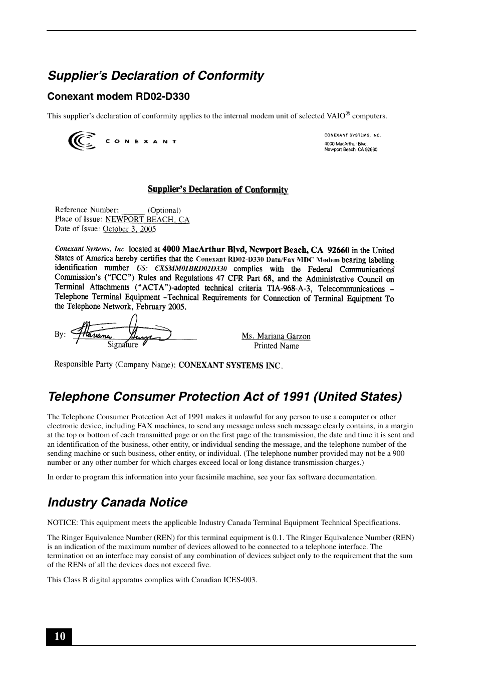 Supplier’s declaration of conformity, Industry canada notice | Sony VGN-NS130E User Manual | Page 10 / 24