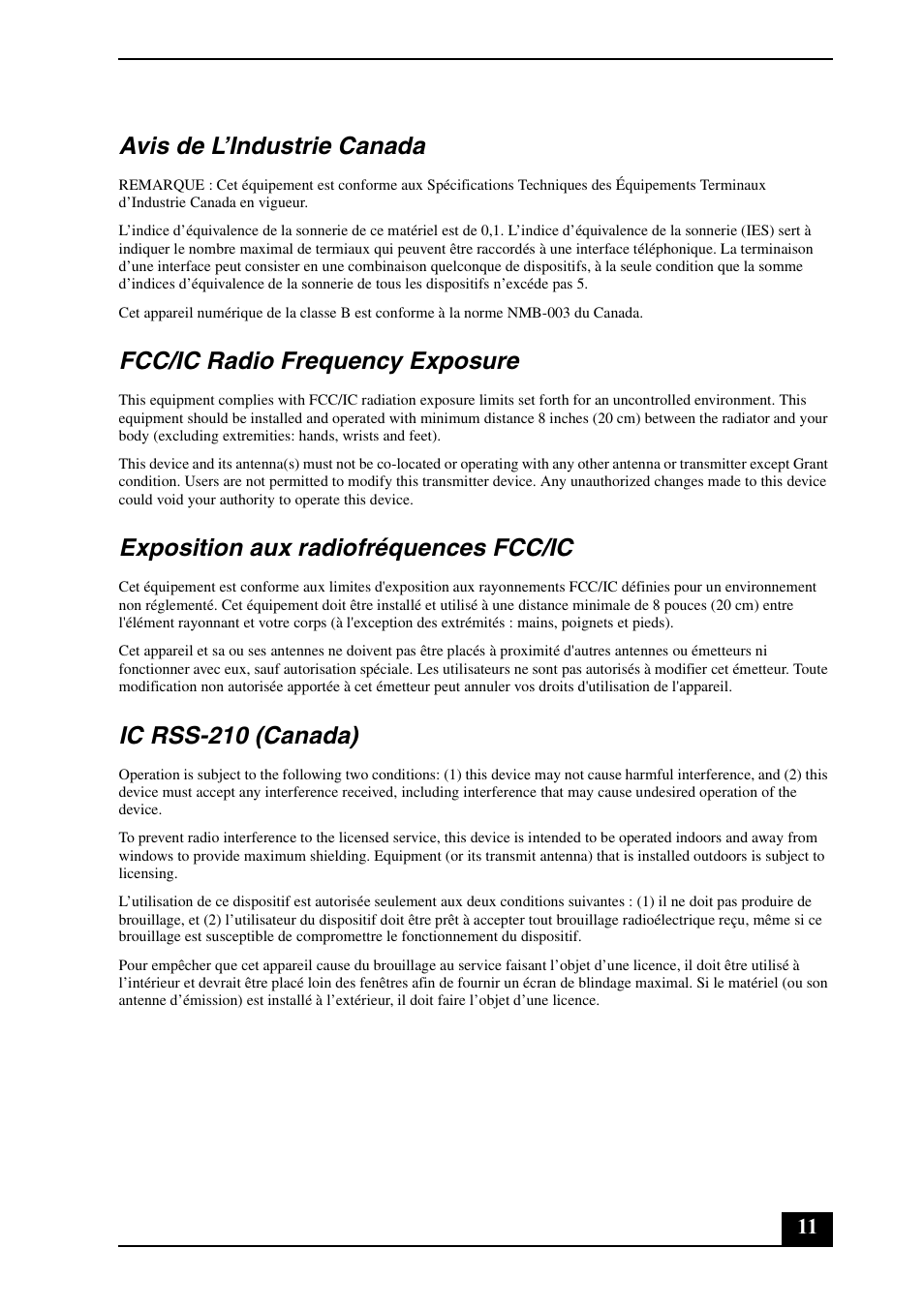 Avis de l’industrie canada, Fcc/ic radio frequency exposure, Exposition aux radiofréquences fcc/ic | Ic rss-210 (canada) | Sony VGN-NS130E User Manual | Page 11 / 24