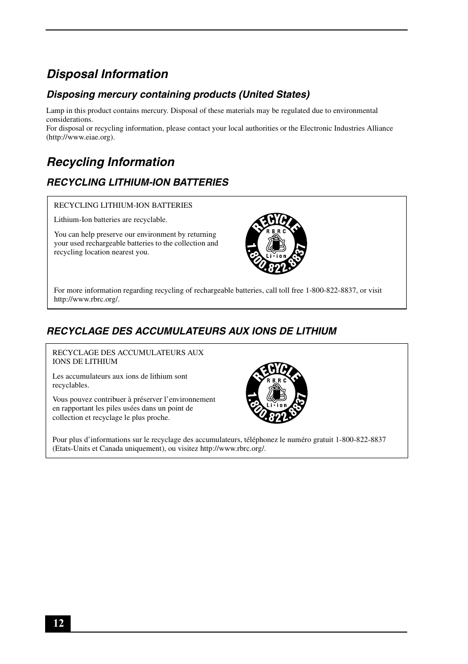 Disposal information, Recycling information | Sony VGN-NS130E User Manual | Page 12 / 24
