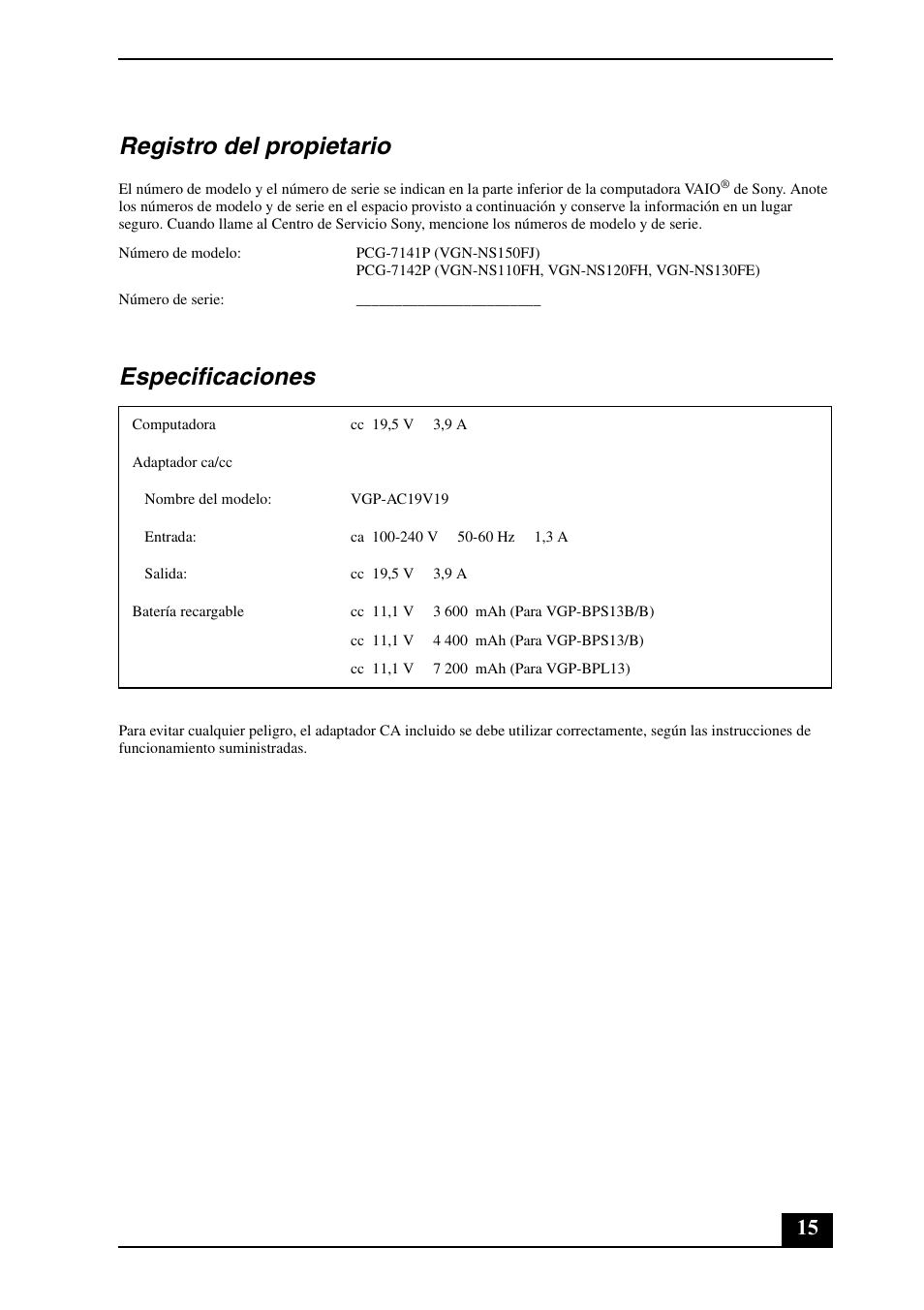 Registro del propietario, Especificaciones | Sony VGN-NS130E User Manual | Page 15 / 24