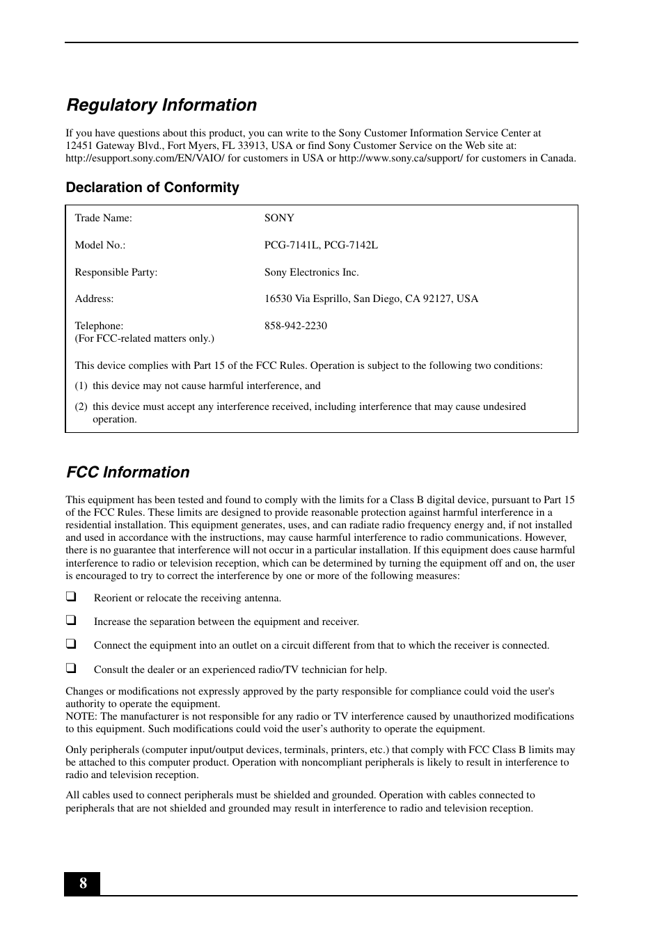 Regulatory information, Fcc information, Declaration of conformity | Sony VGN-NS130E User Manual | Page 8 / 24