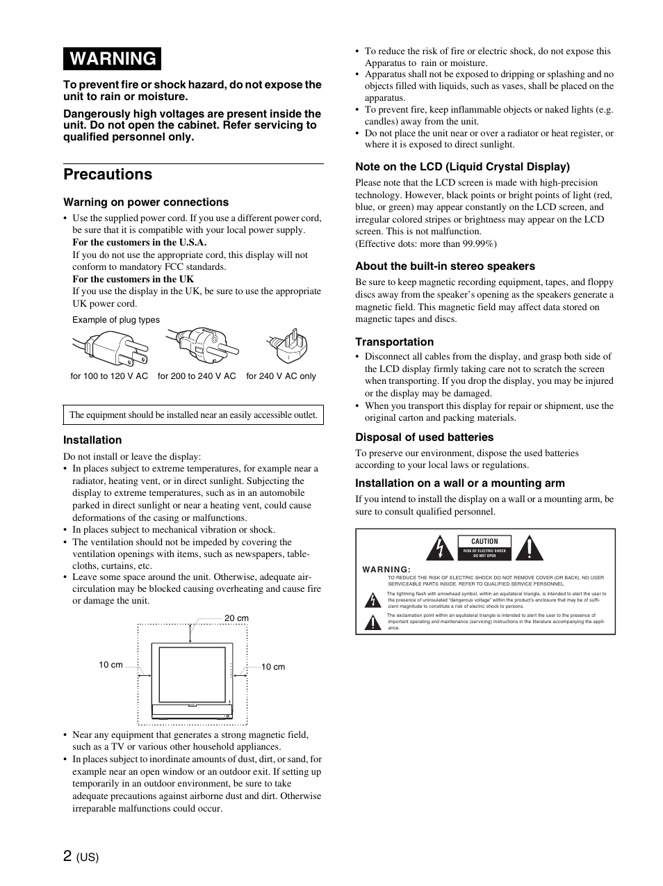 Precautions, Warning | Sony MFM-HT95 User Manual | Page 2 / 44