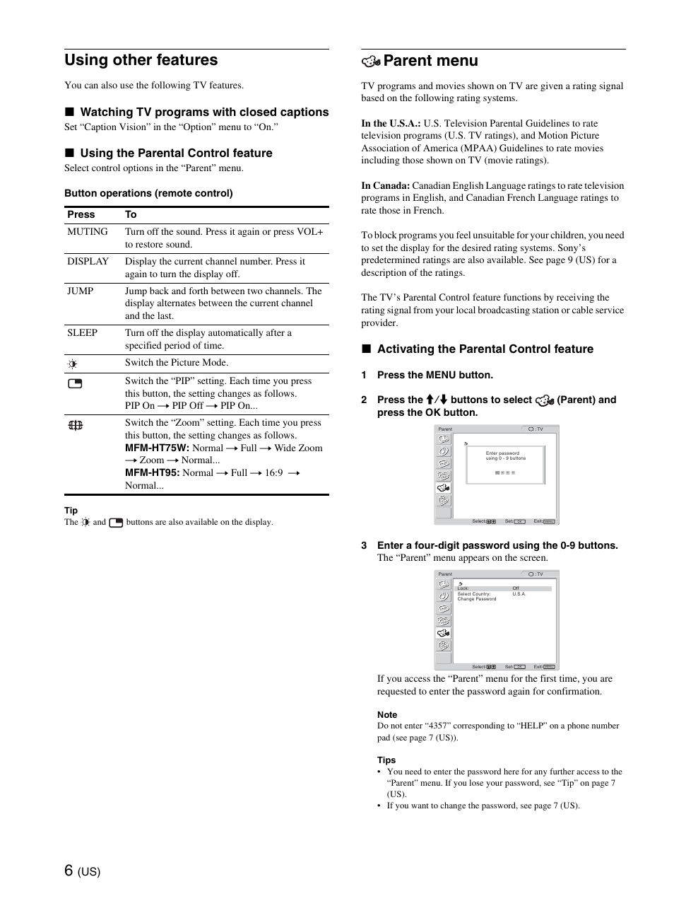 Using other features, Parent menu, X watching tv programs with closed captions | X using the parental control feature, X activating the parental control feature | Sony MFM-HT95 User Manual | Page 6 / 44