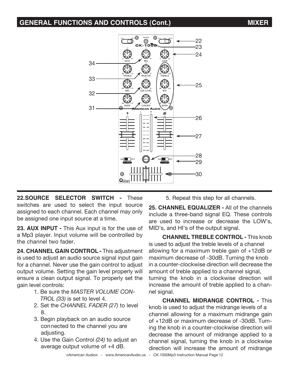 General functions and controls (cont.) mixer | American Audio CK-1000 MP3 User Manual | Page 12 / 34