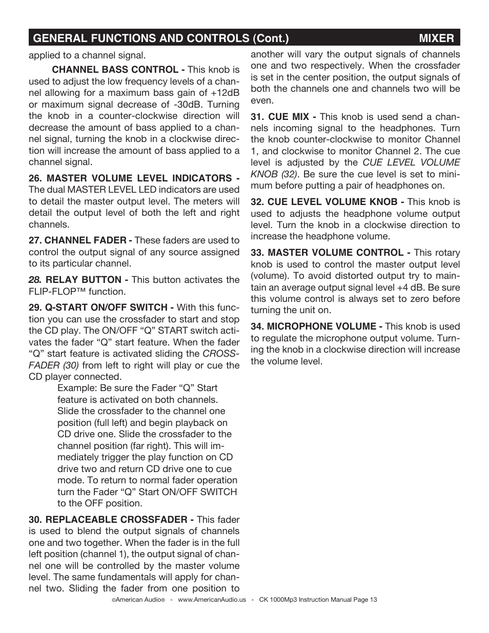 General functions and controls (cont.) mixer | American Audio CK-1000 MP3 User Manual | Page 13 / 34