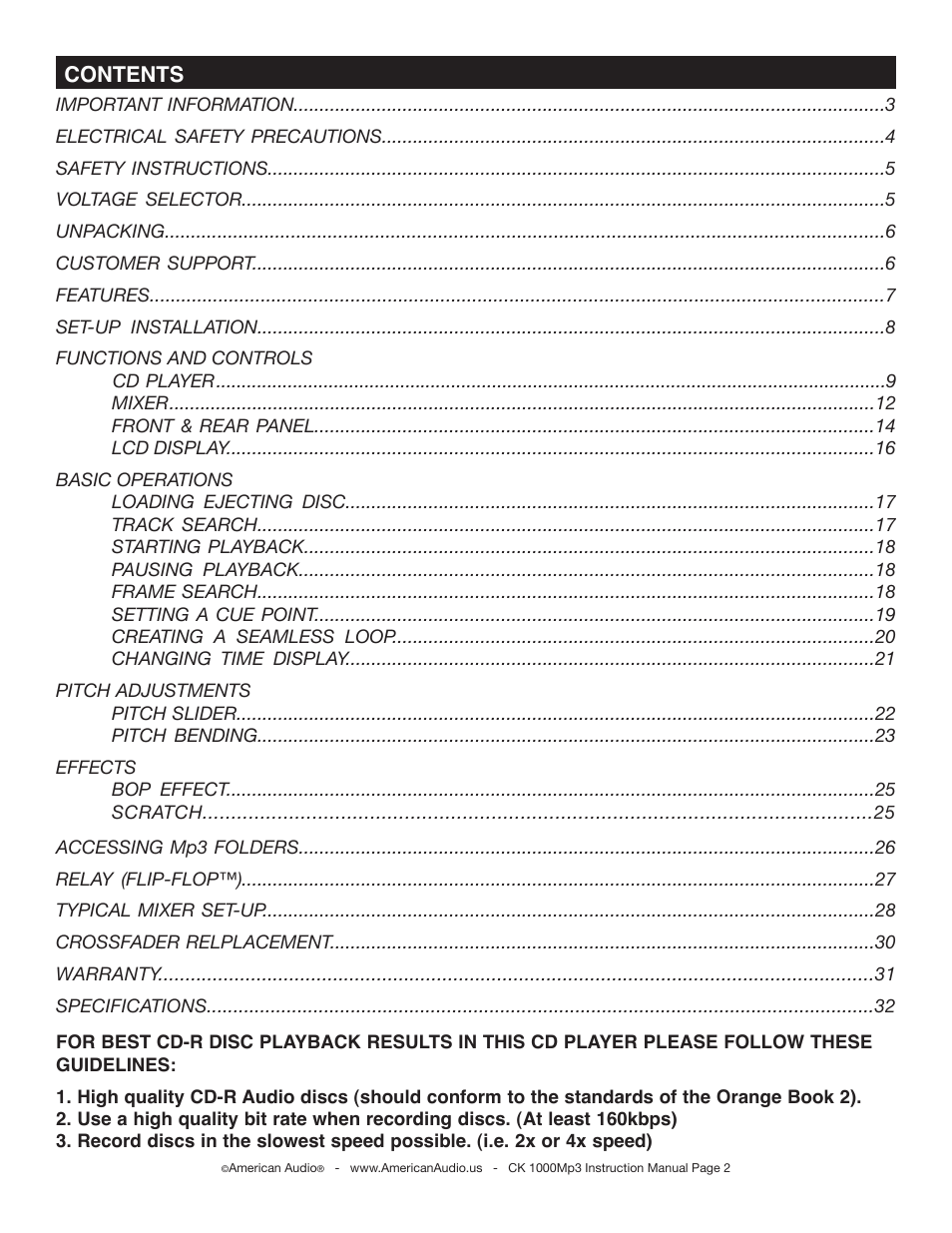 American Audio CK-1000 MP3 User Manual | Page 2 / 34