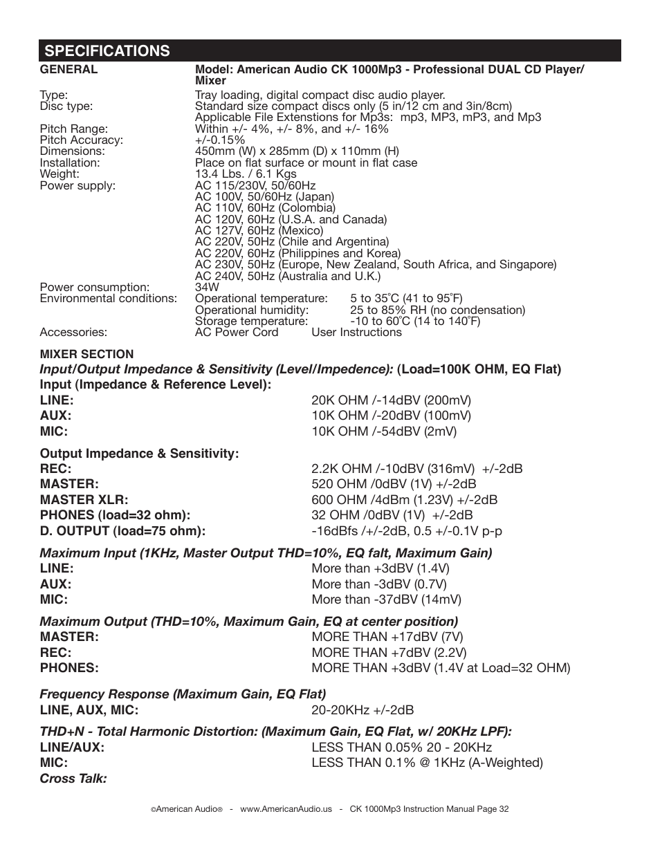 Specifications | American Audio CK-1000 MP3 User Manual | Page 32 / 34