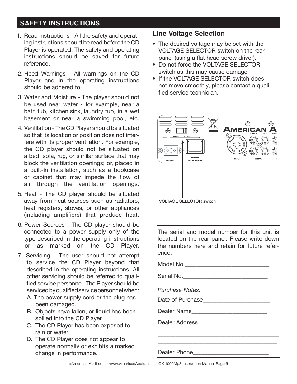 Safety instructions line voltage selection | American Audio CK-1000 MP3 User Manual | Page 5 / 34