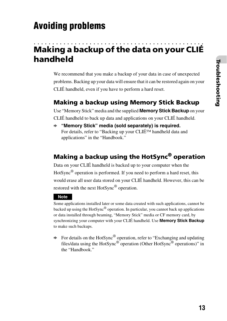 Avoiding problems, Making a backup of the data on your clié handheld, Making a backup using the hotsync | Operation | Sony PEG-NX80V User Manual | Page 13 / 56
