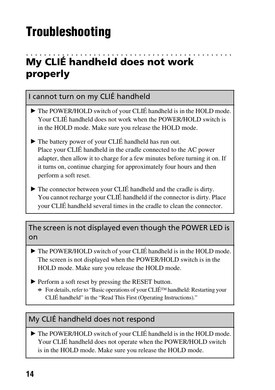 Troubleshooting, My clié handheld does not work properly, I cannot turn on my clié handheld | My clié handheld does not respond | Sony PEG-NX80V User Manual | Page 14 / 56