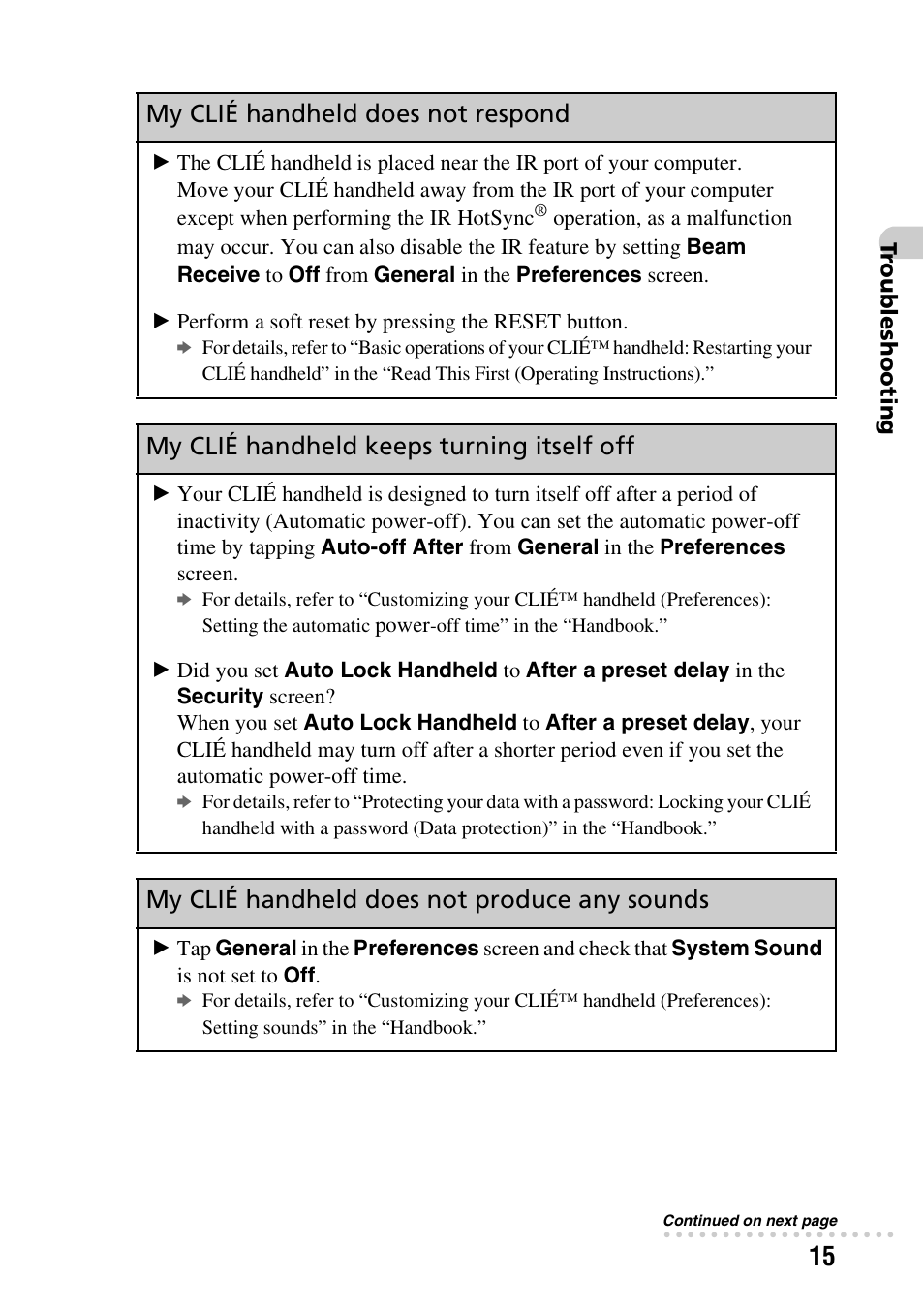 My clié handheld keeps turning itself off, My clié handheld does not produce any sounds | Sony PEG-NX80V User Manual | Page 15 / 56