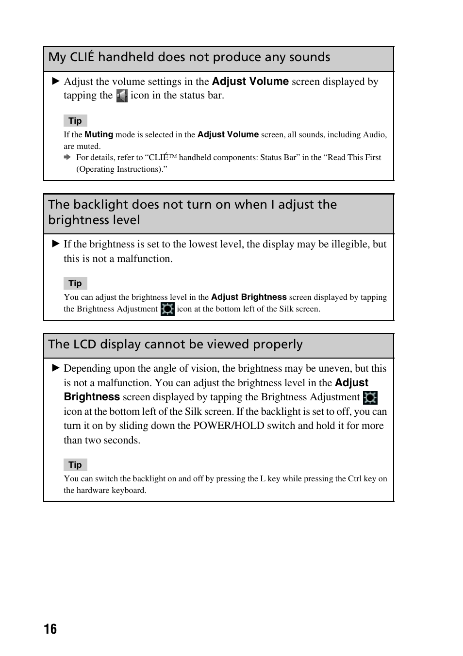 The lcd display cannot be viewed properly, My clié handheld does not produce any sounds | Sony PEG-NX80V User Manual | Page 16 / 56