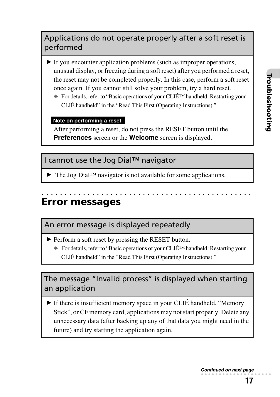 Error messages, I cannot use the jog dial™ navigator, An error message is displayed repeatedly | Sony PEG-NX80V User Manual | Page 17 / 56