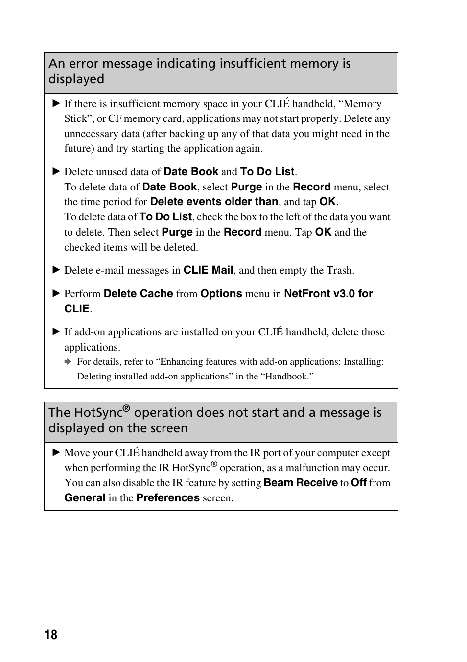 The hotsync, Operation does not start and a message is, Displayed on the screen | Sony PEG-NX80V User Manual | Page 18 / 56