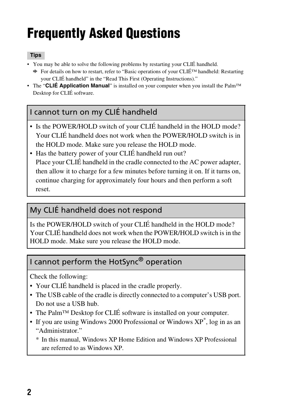 Frequently asked questions | Sony PEG-NX80V User Manual | Page 2 / 56