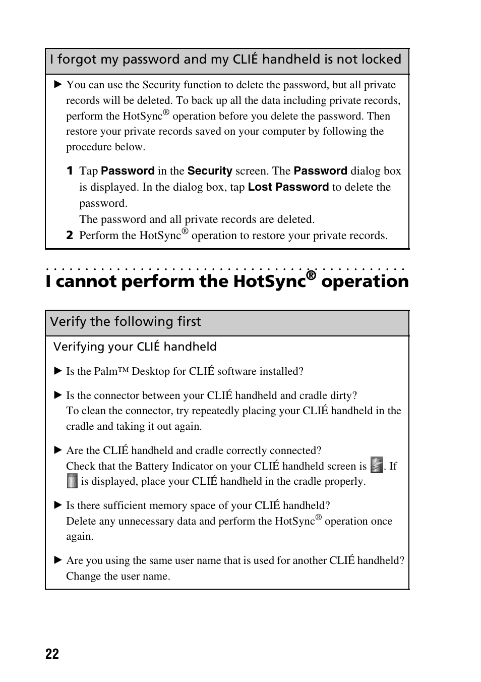 I cannot perform the hotsync® operation, I cannot perform the hotsync, Operation | Verify the following first | Sony PEG-NX80V User Manual | Page 22 / 56