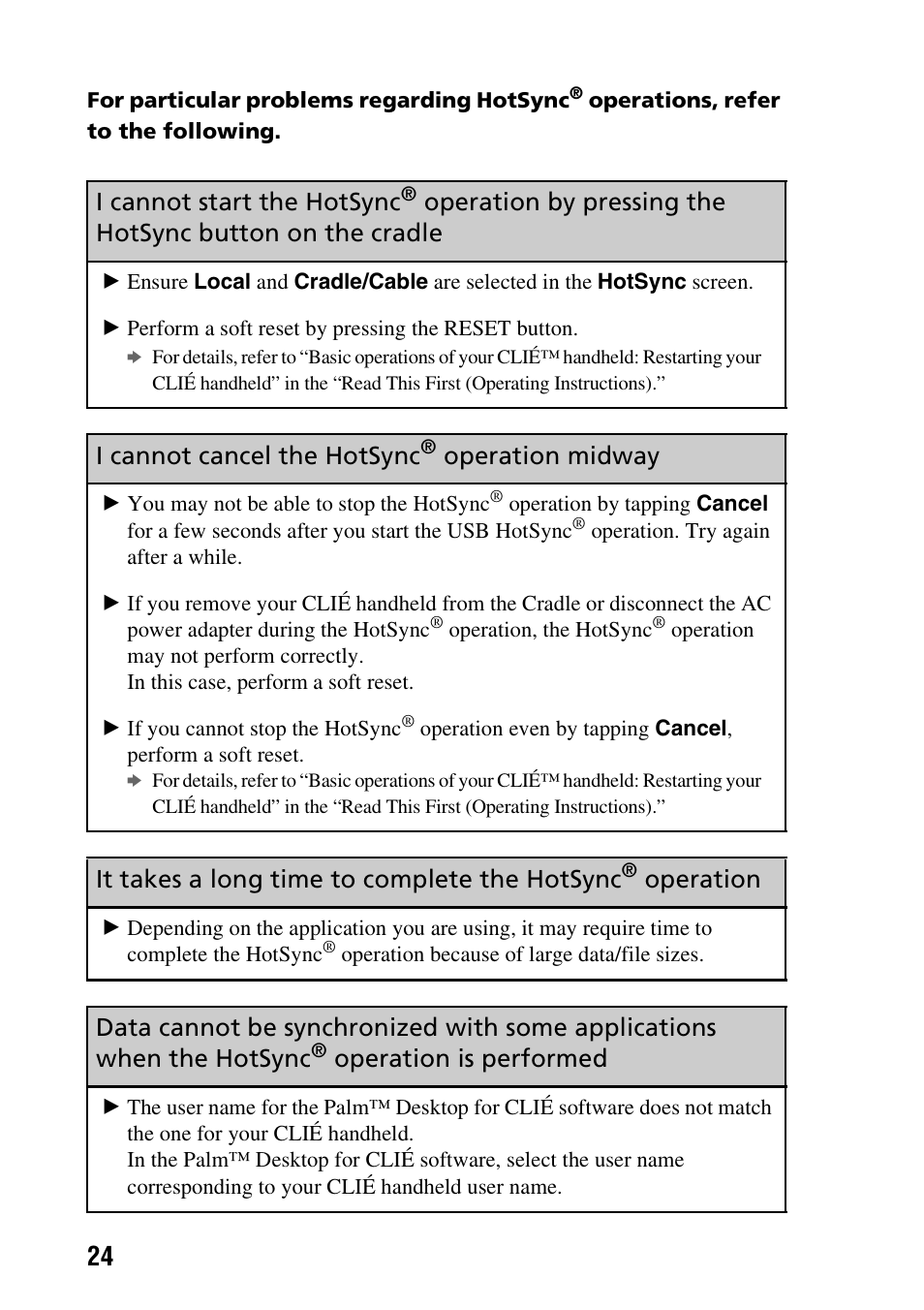 I cannot start the hotsync, Operation by pressing the, Hotsync button on the cradle | I cannot cancel the hotsync, Operation midway, It takes a long time to complete the hotsync, Operation, Operation is performed | Sony PEG-NX80V User Manual | Page 24 / 56