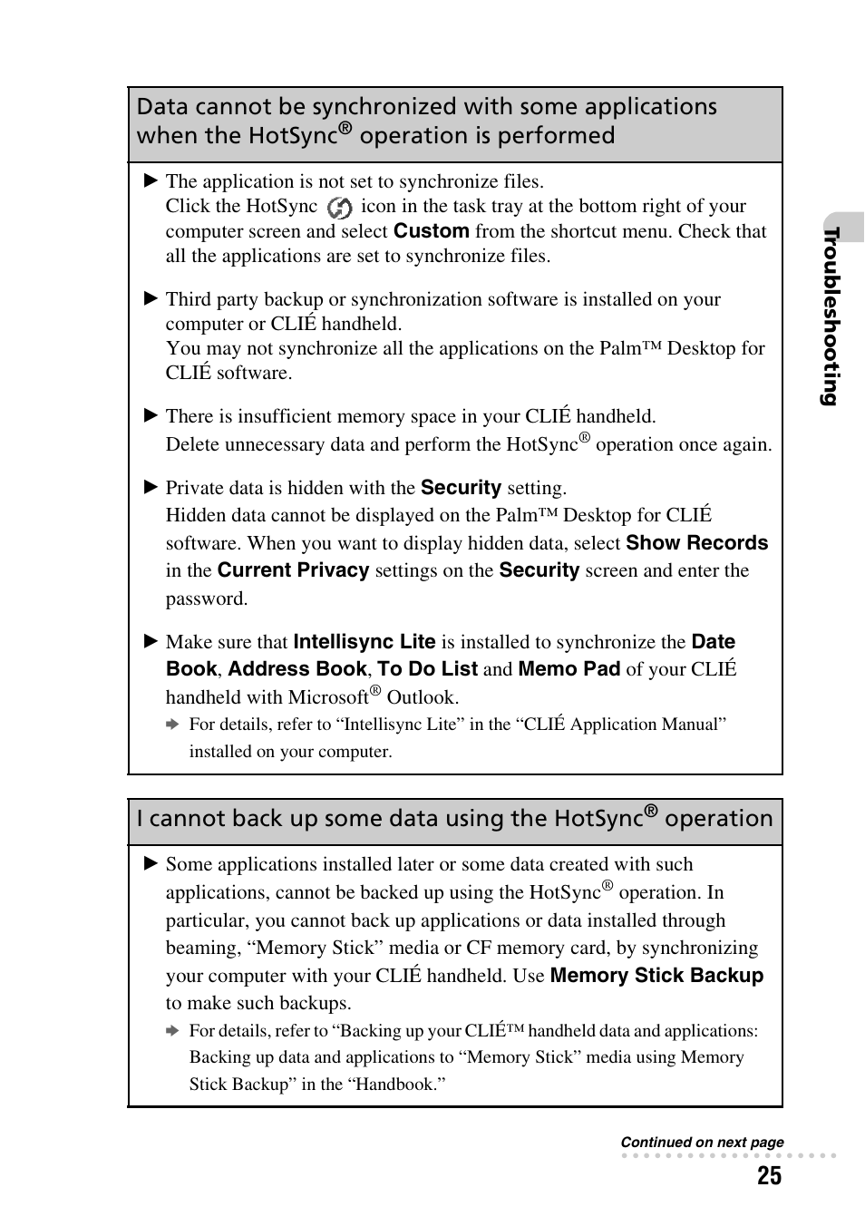I cannot back up some data using the hotsync, Operation | Sony PEG-NX80V User Manual | Page 25 / 56