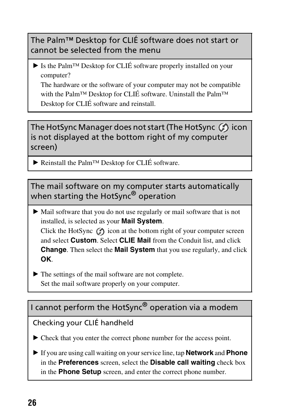 The hotsync manager does not start (the hotsync, Icon, Operation | I cannot perform the hotsync, Operation via a modem | Sony PEG-NX80V User Manual | Page 26 / 56