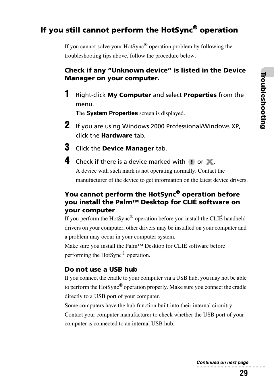 If you still cannot perform the hotsync, Operation | Sony PEG-NX80V User Manual | Page 29 / 56