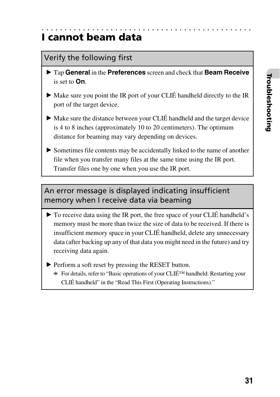 I cannot beam data, Verify the following first | Sony PEG-NX80V User Manual | Page 31 / 56