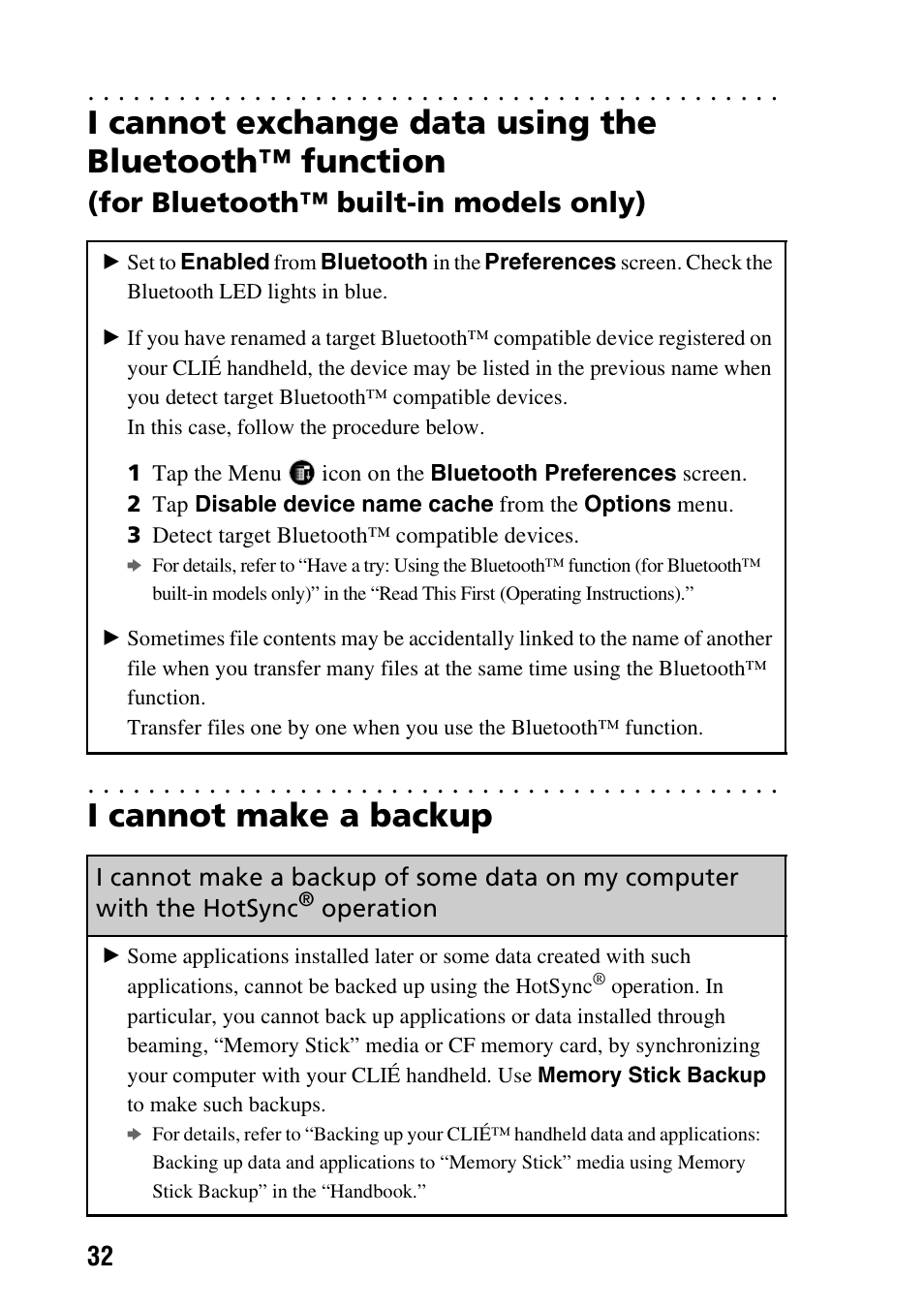 I cannot make a backup, Operation, For bluetooth™ built-in models only) | Sony PEG-NX80V User Manual | Page 32 / 56