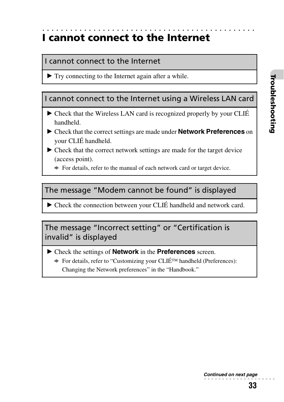 I cannot connect to the internet, The message “modem cannot be found” is displayed | Sony PEG-NX80V User Manual | Page 33 / 56