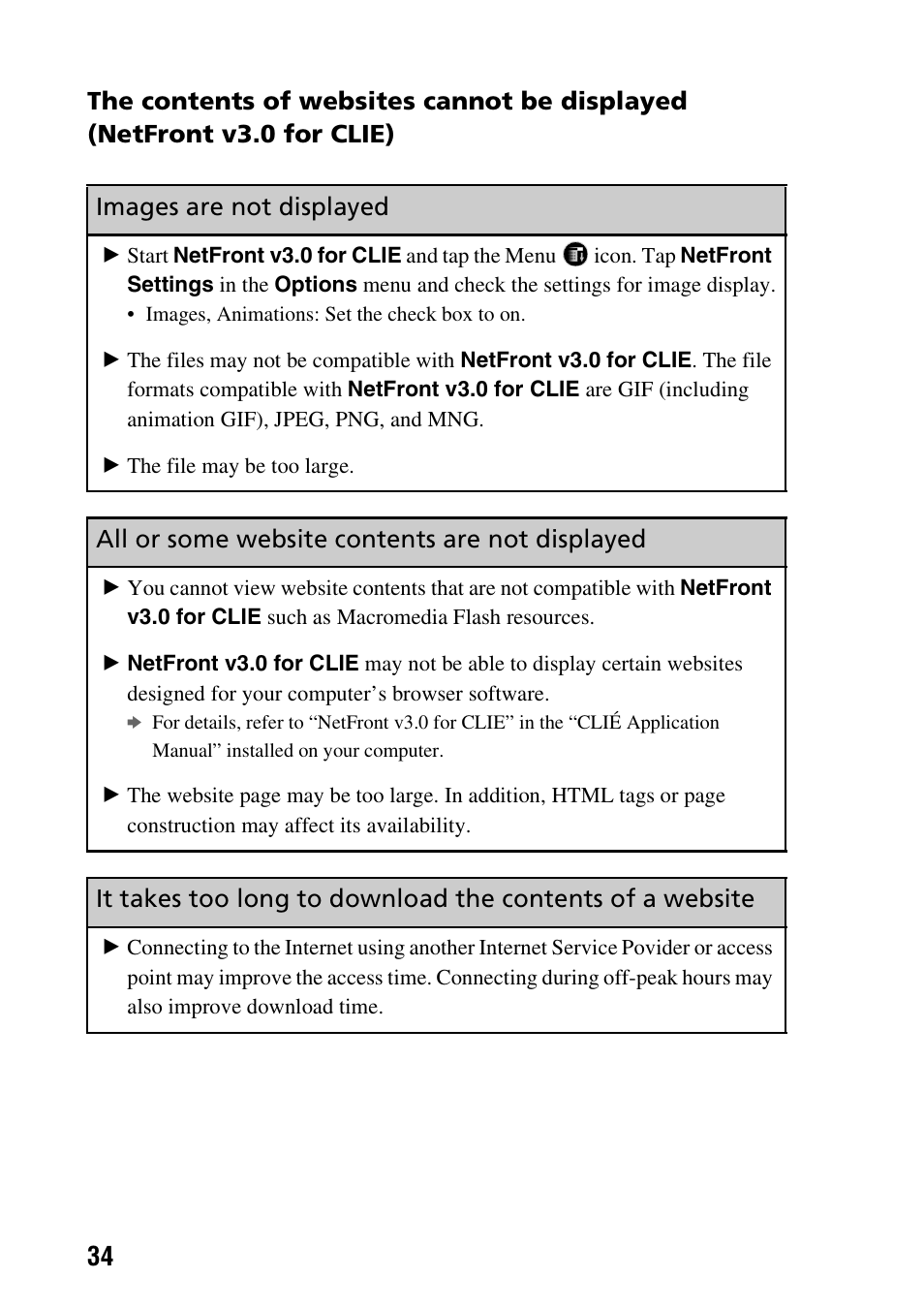 Images are not displayed, All or some website contents are not displayed | Sony PEG-NX80V User Manual | Page 34 / 56