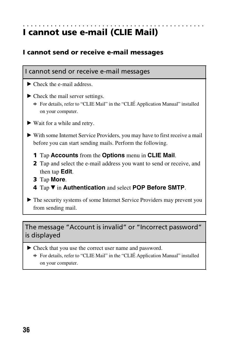 I cannot use e-mail (clie mail), I cannot send or receive e-mail messages | Sony PEG-NX80V User Manual | Page 36 / 56