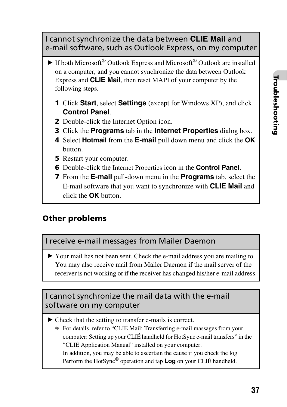 I cannot synchronize the data between, Clie mail, Other problems | I receive e-mail messages from mailer daemon | Sony PEG-NX80V User Manual | Page 37 / 56