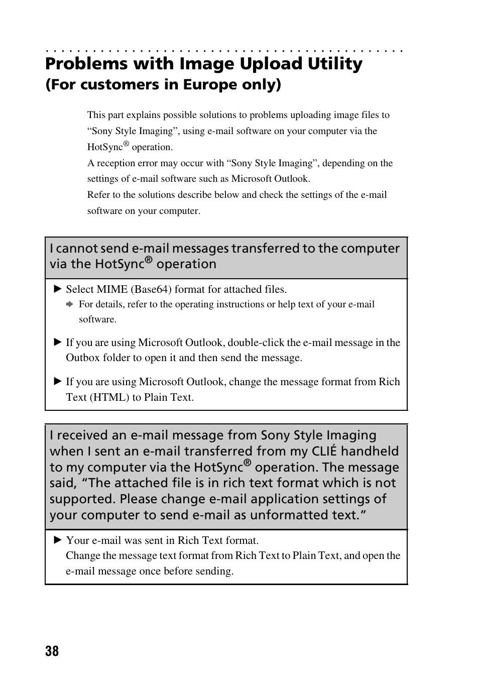 Operation, Operation. the message said, Problems with image upload utility | For customers in europe only) | Sony PEG-NX80V User Manual | Page 38 / 56