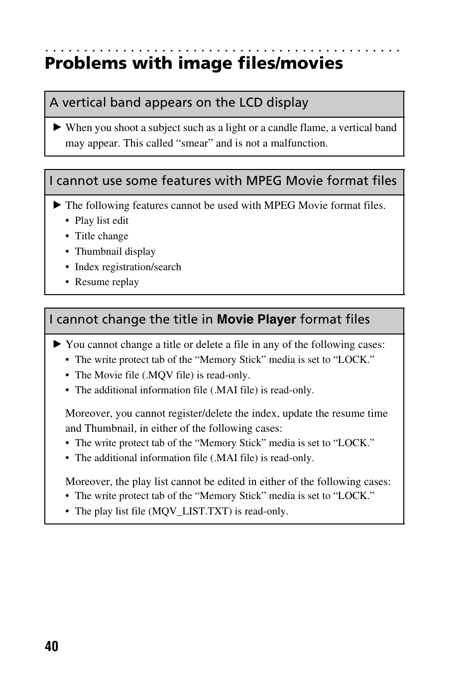 Problems with image files/movies, A vertical band appears on the lcd display, I cannot change the title in | Movie player, Format files | Sony PEG-NX80V User Manual | Page 40 / 56