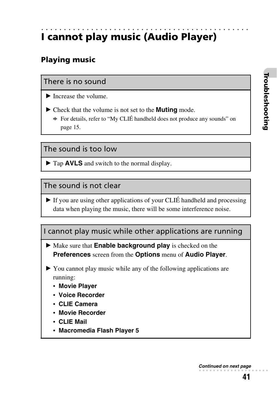 I cannot play music (audio player), Playing music, There is no sound | The sound is too low, The sound is not clear | Sony PEG-NX80V User Manual | Page 41 / 56