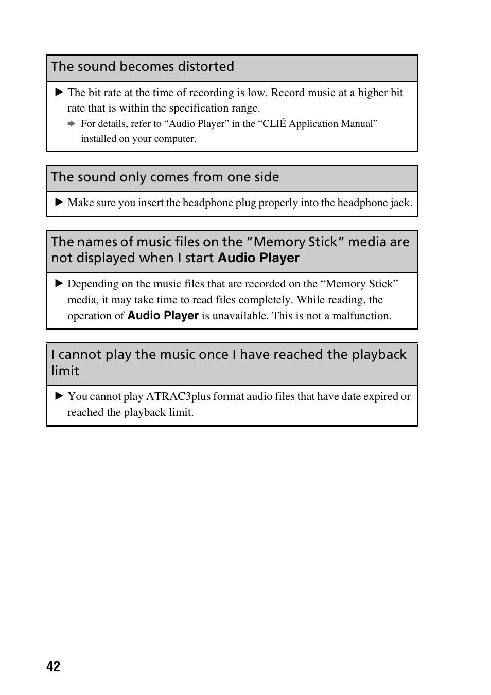 The sound becomes distorted, The sound only comes from one side, Audio player | Sony PEG-NX80V User Manual | Page 42 / 56