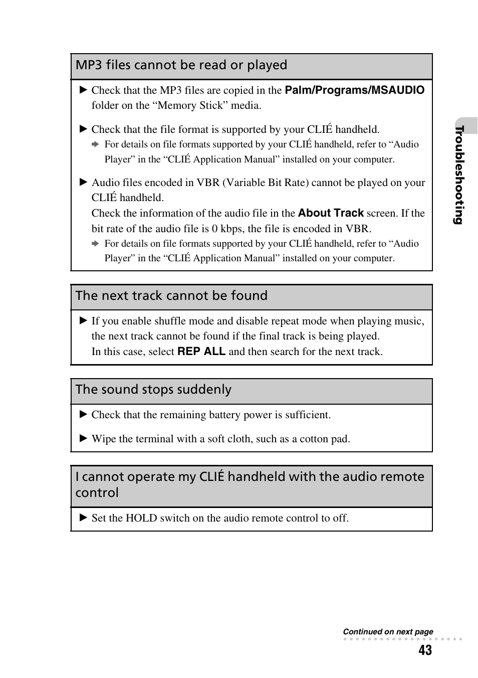 Mp3 files cannot be read or played, The next track cannot be found, The sound stops suddenly | Sony PEG-NX80V User Manual | Page 43 / 56