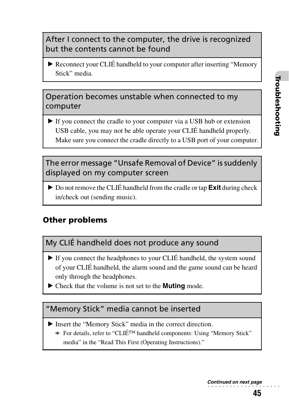 Other problems, My clié handheld does not produce any sound, Memory stick” media cannot be inserted | Sony PEG-NX80V User Manual | Page 45 / 56