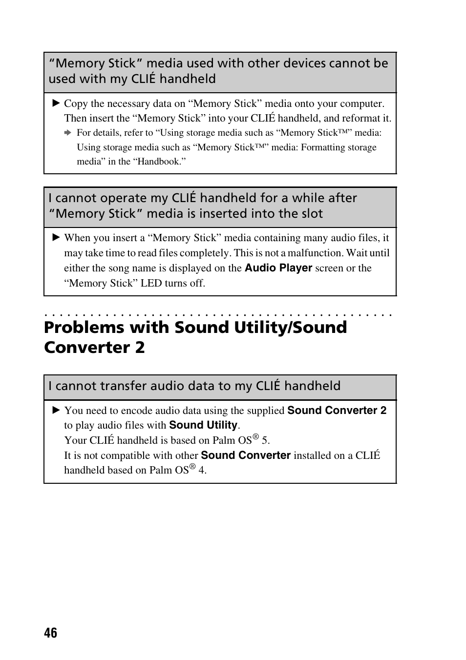 Problems with sound utility/sound converter 2, I cannot transfer audio data to my clié handheld | Sony PEG-NX80V User Manual | Page 46 / 56