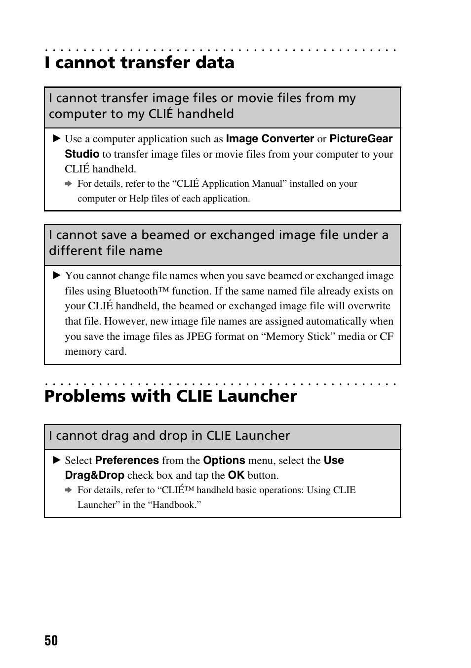 I cannot transfer data, Problems with clie launcher, I cannot drag and drop in clie launcher | Sony PEG-NX80V User Manual | Page 50 / 56