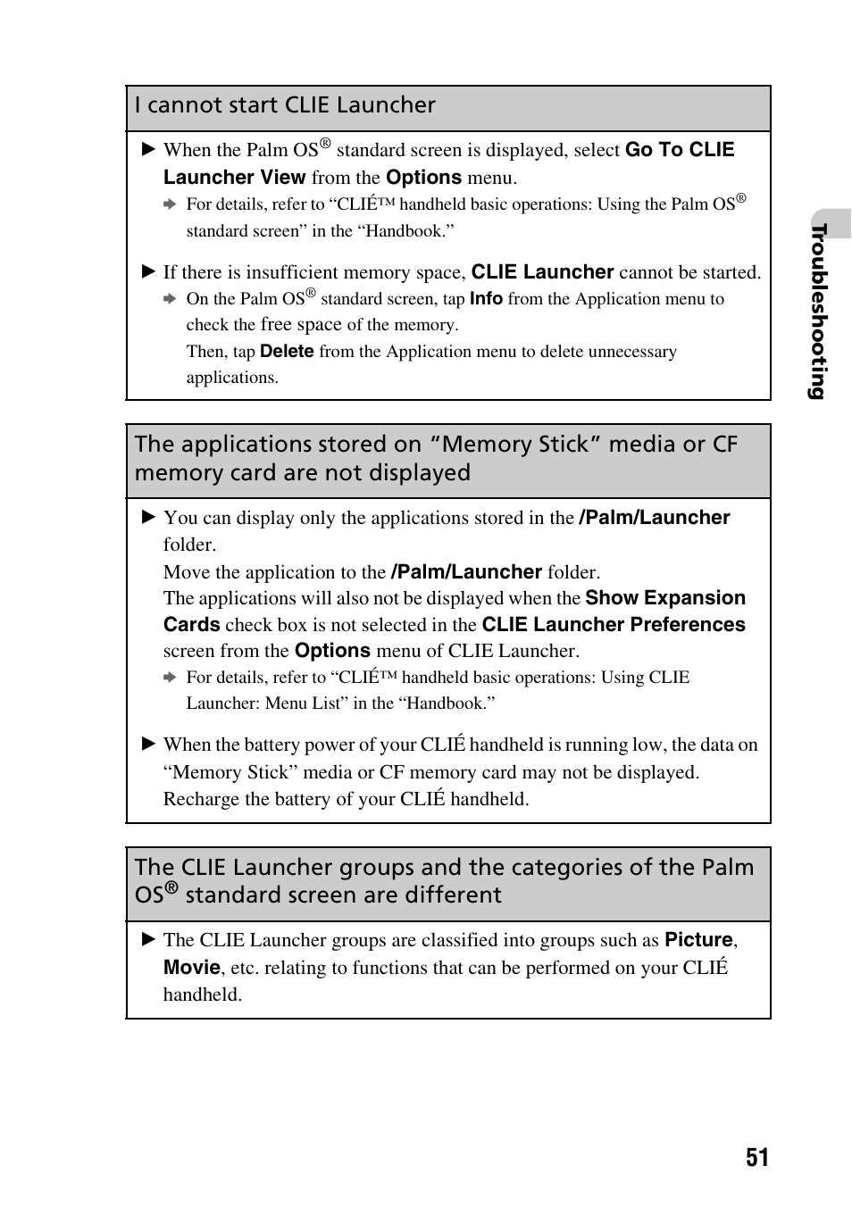 I cannot start clie launcher, Standard screen are different | Sony PEG-NX80V User Manual | Page 51 / 56
