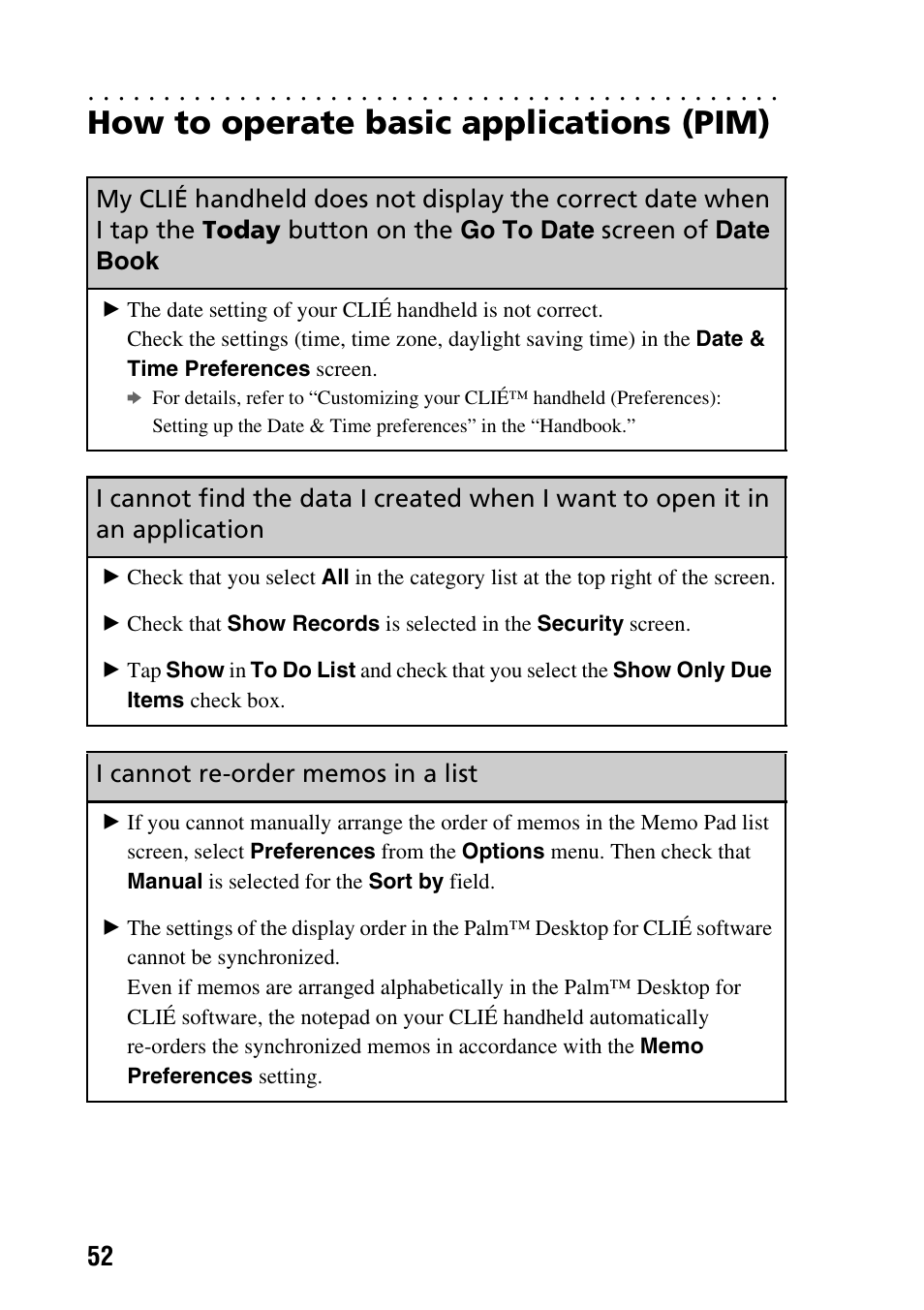 How to operate basic applications (pim), Today, Button on the | Go to date, Screen of, Date, Book, I cannot re-order memos in a list | Sony PEG-NX80V User Manual | Page 52 / 56