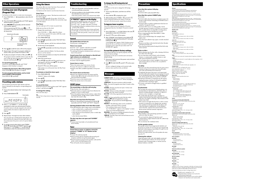Other operations, Troubleshooting, Precautions | Specifications, Messages | Sony MHC-EC68PI User Manual | Page 2 / 2