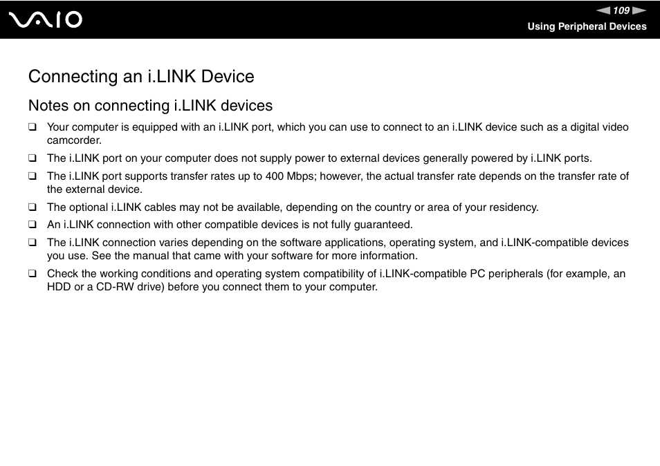 Connecting an i.link device | Sony VGN-AR550U User Manual | Page 109 / 206