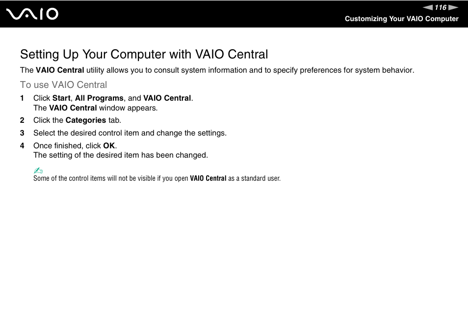 Setting up your computer with vaio central | Sony VGN-AR550U User Manual | Page 116 / 206