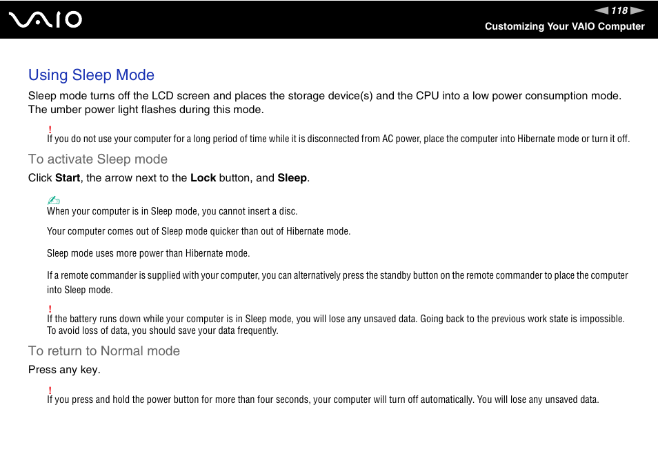 Using sleep mode | Sony VGN-AR550U User Manual | Page 118 / 206