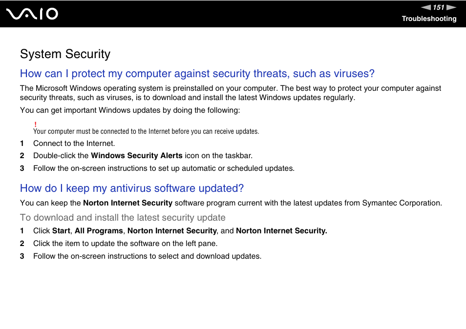 System security, How do i keep my antivirus software updated | Sony VGN-AR550U User Manual | Page 151 / 206